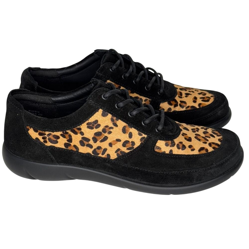 Hotter Shoes Raven Womens Leopard Print Suede Sz 9 Black Lace Up Comfort Flats